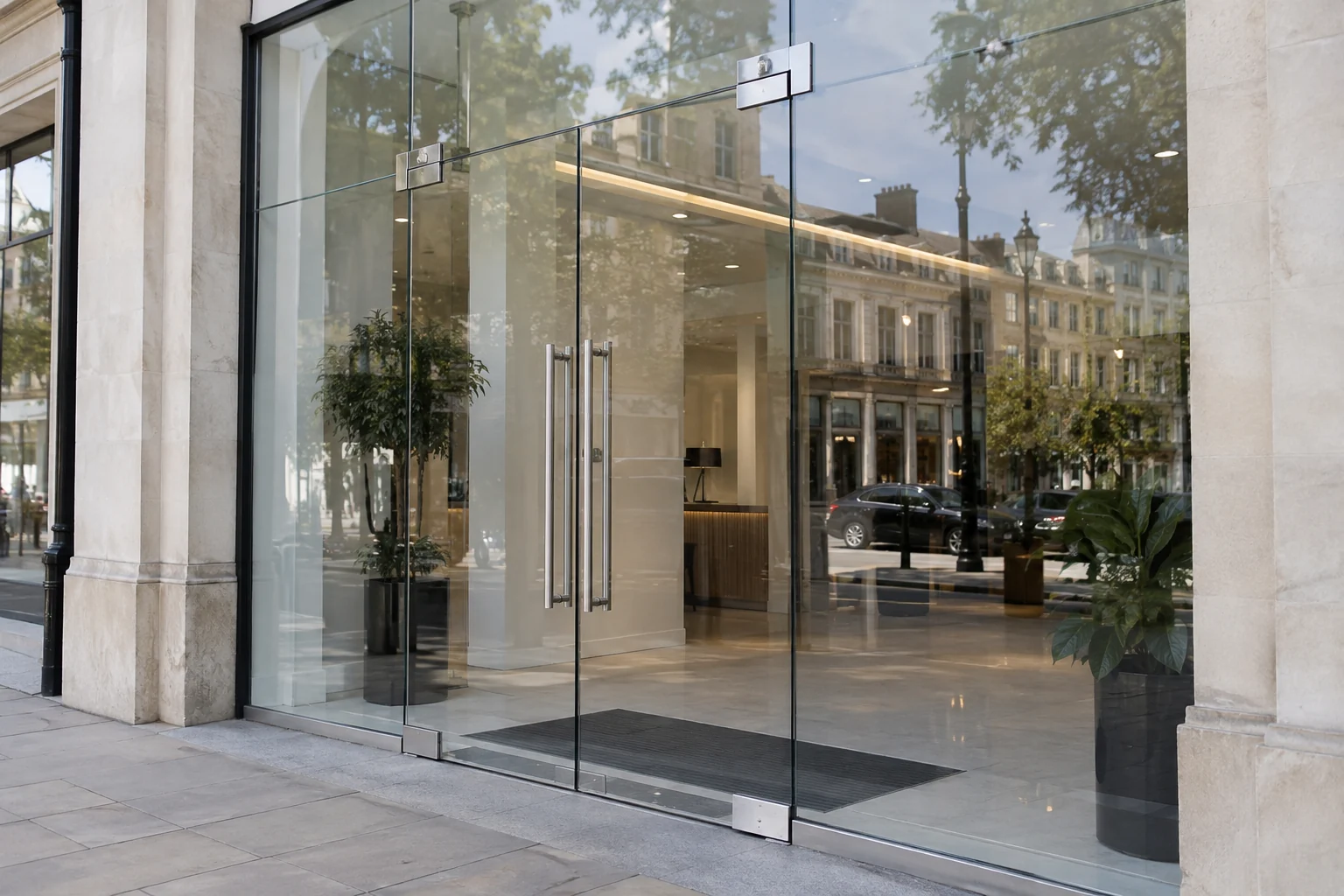 Frameless glazed retail entrance