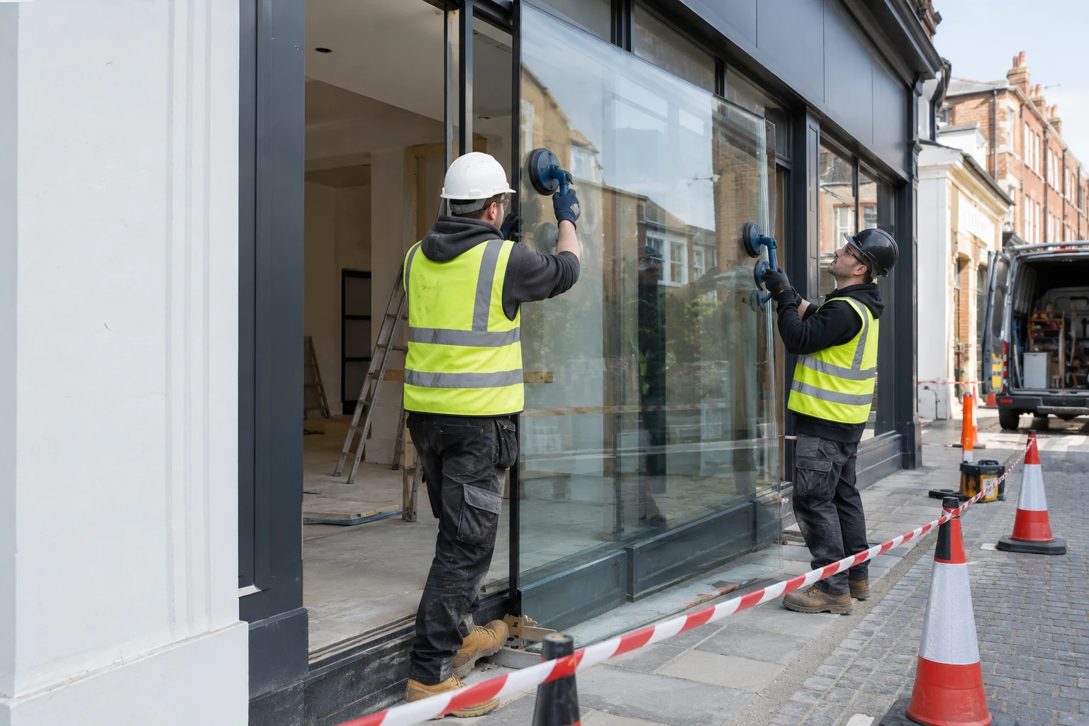 Glaziers fitting an aluminium shopfront pane