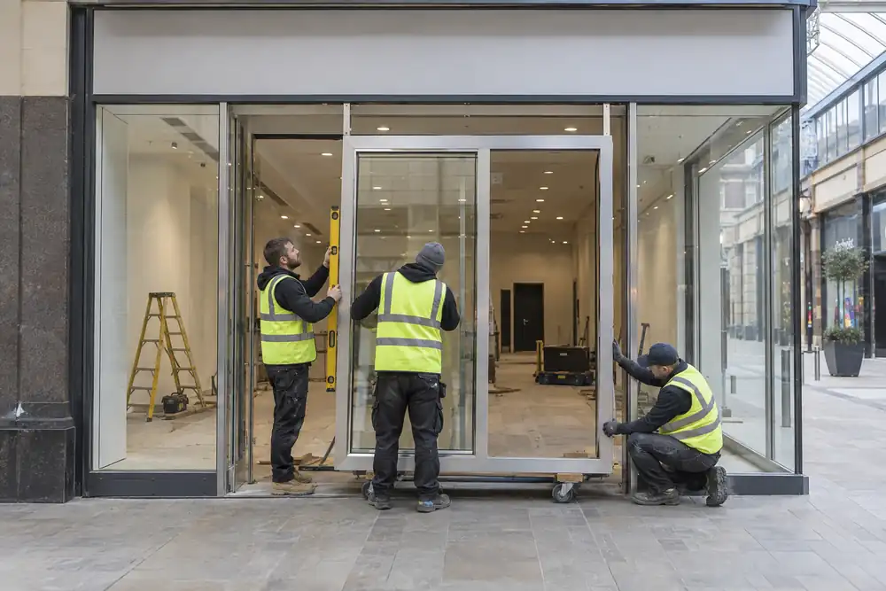 Installers fitting a glazed shop entrance in a retail arcade