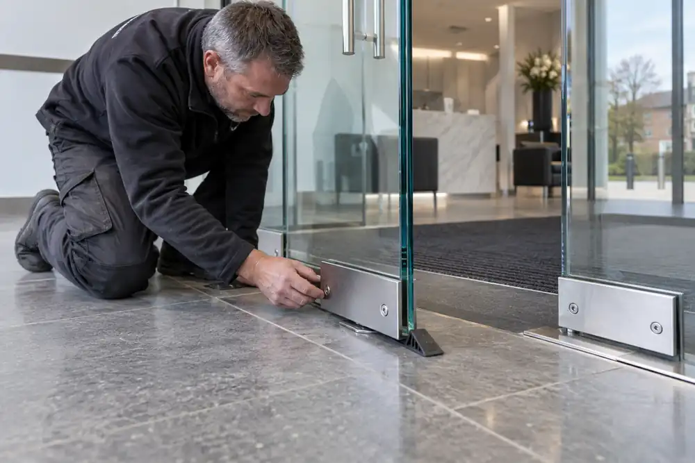 Glazier checking fittings on an installed toughened glass entrance door